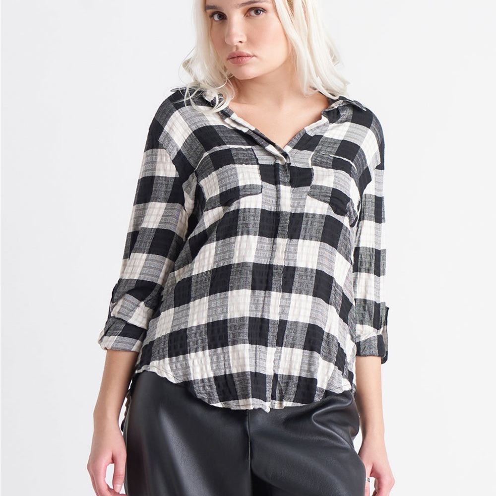 Black Tape_ Checkered Button Down Shirt - Black and White